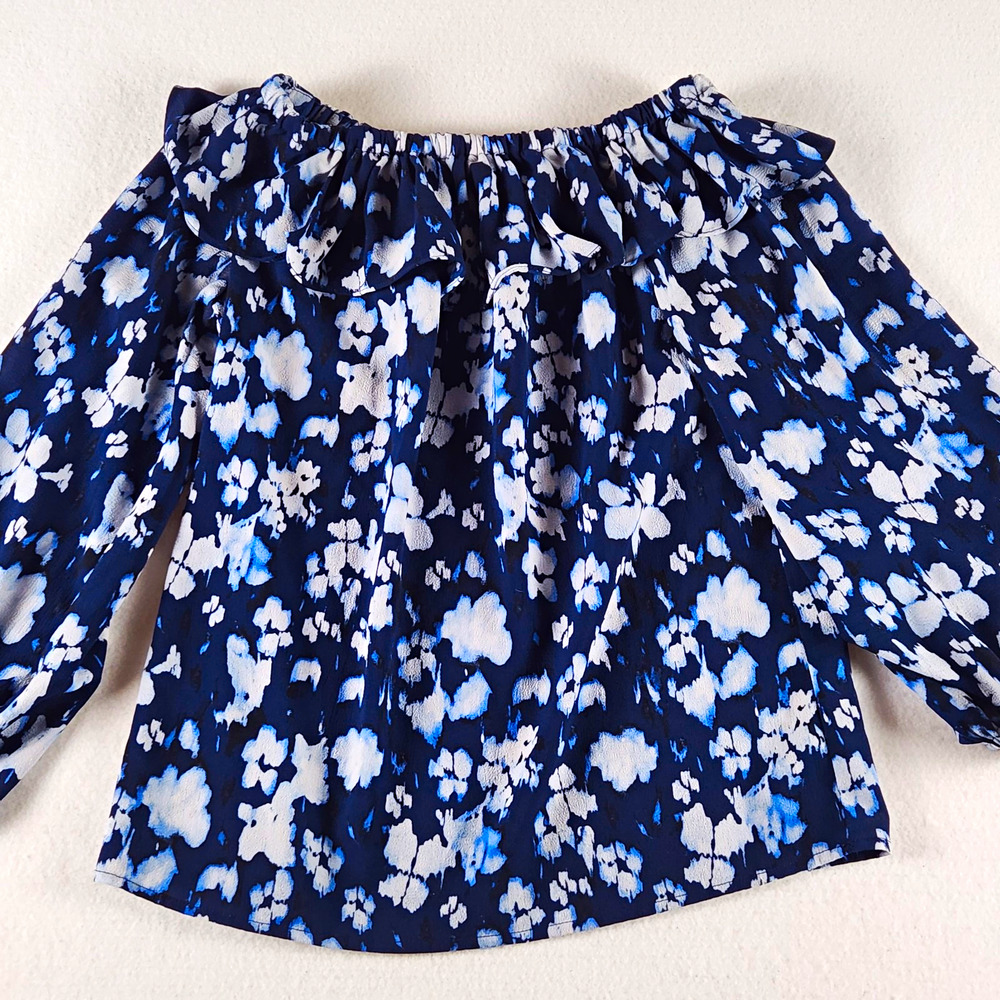 Michael Kors Womens Blue/White Floral Off-The-Shoulder Ruffle Blouse Sz M